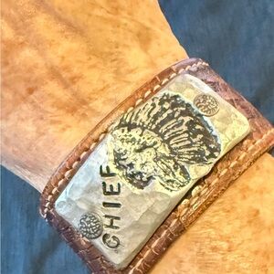 Hang tooled Vintage Brown Leather Cuff Bracelet Indian Chief